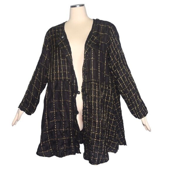 URU Black and Gold Silk Tunic Top Dress Button Front Lightweight Long Sleeves XL - Picture 6 of 11